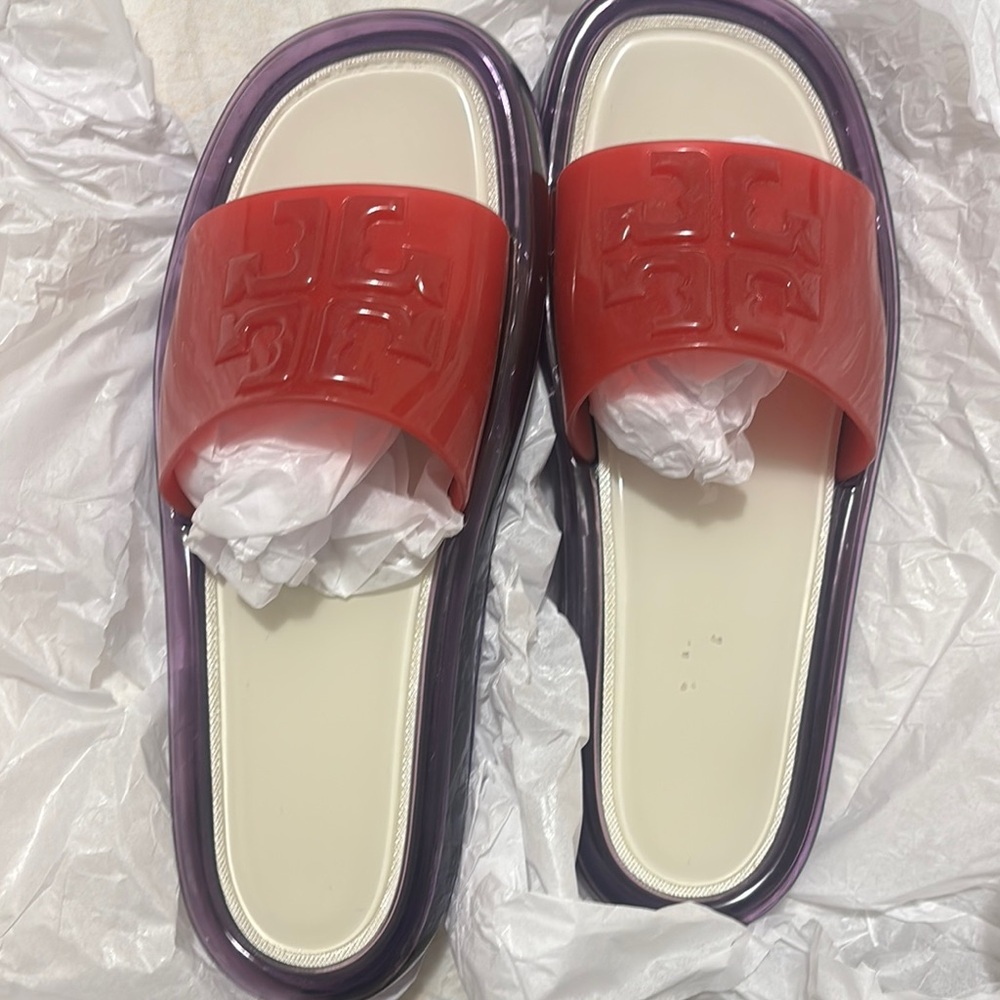 Tory Burch Red and Purple Sandals Comfortable Slip-On Design